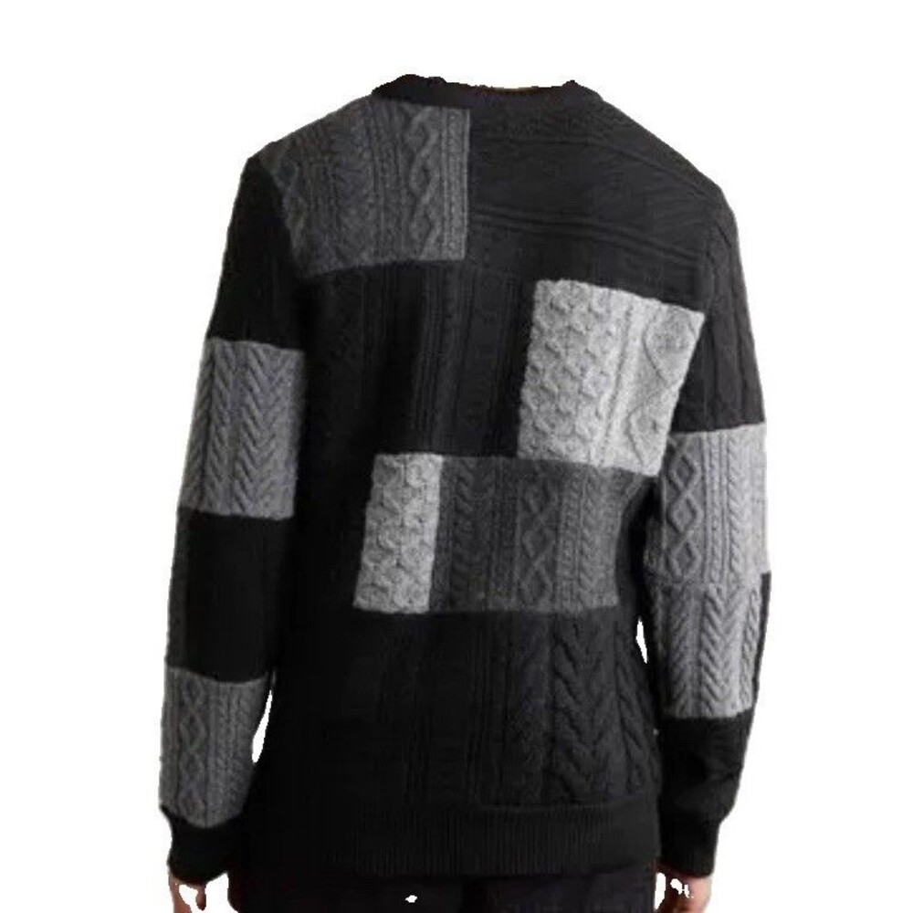 J. CREW Men's Patchwork Cable-Knit Sweater Black Gray  Wool-Cashmere Size Small